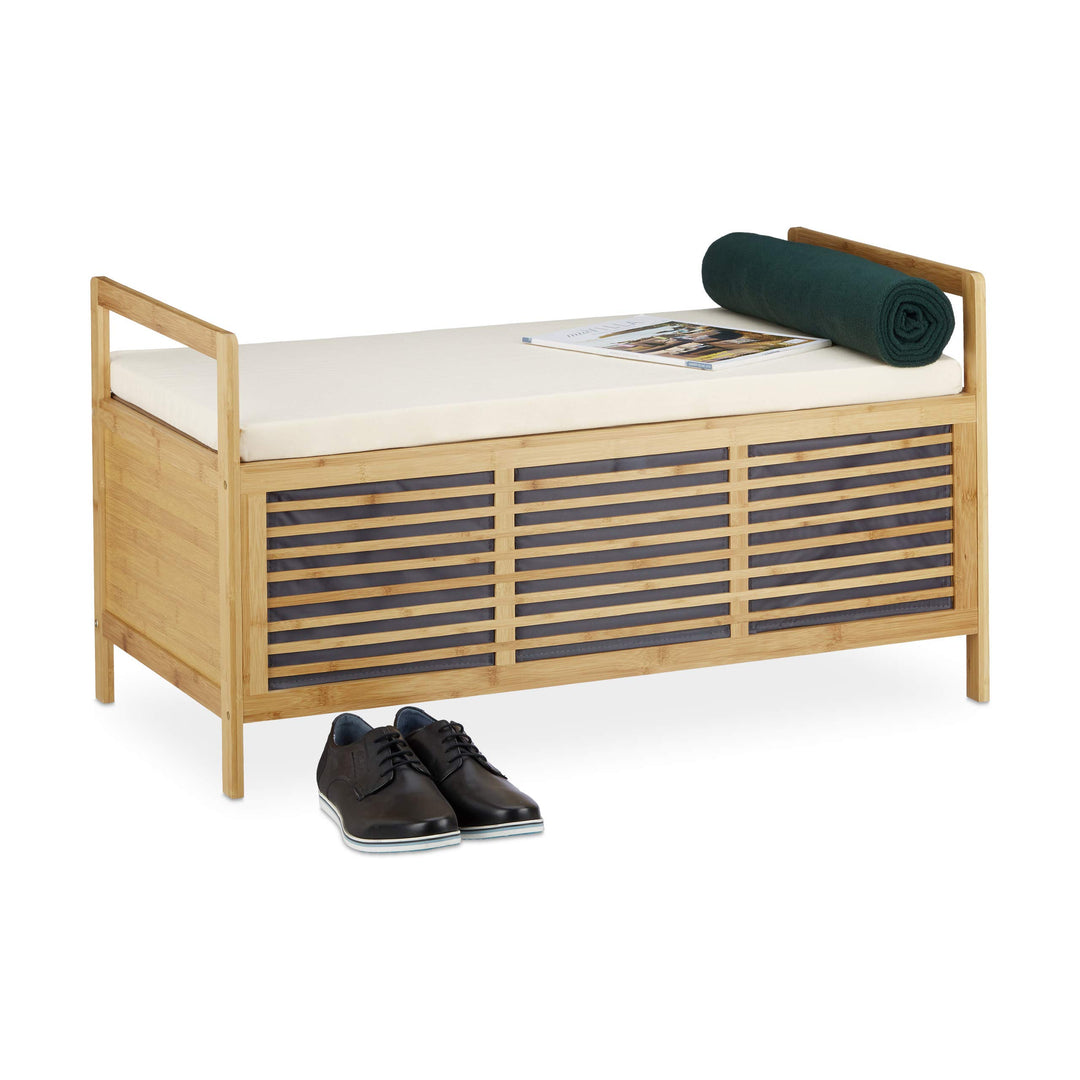 Relaxdays Sitzbank mit Stauraum, Aufbewahrungsbox m. Sitzkissen f. Flur, Bambus Truhe L HxBxT: 50 x