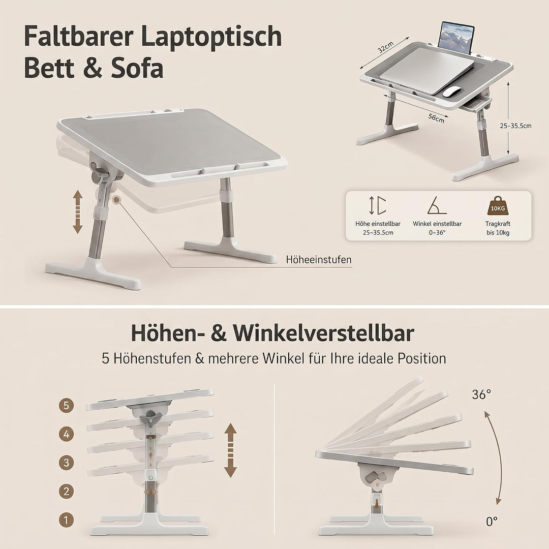Faltbarer Laptoptisch Bett, Höhen Winkelverstellbarer Betttisch | Schublade &amp; USB, Laptop Ständer fü