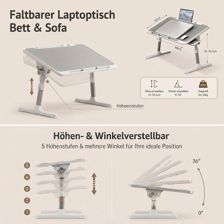 Faltbarer Laptoptisch Bett, Höhen Winkelverstellbarer Betttisch | Schublade &amp; USB, Laptop Ständer fü