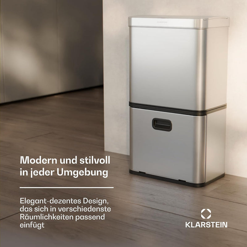 Klarstein 56 L Edelstahl-Sensormülleimer mit 3 Fächern (36+2x10 L), Bedienfeld mit LED-Anzeige, Soft
