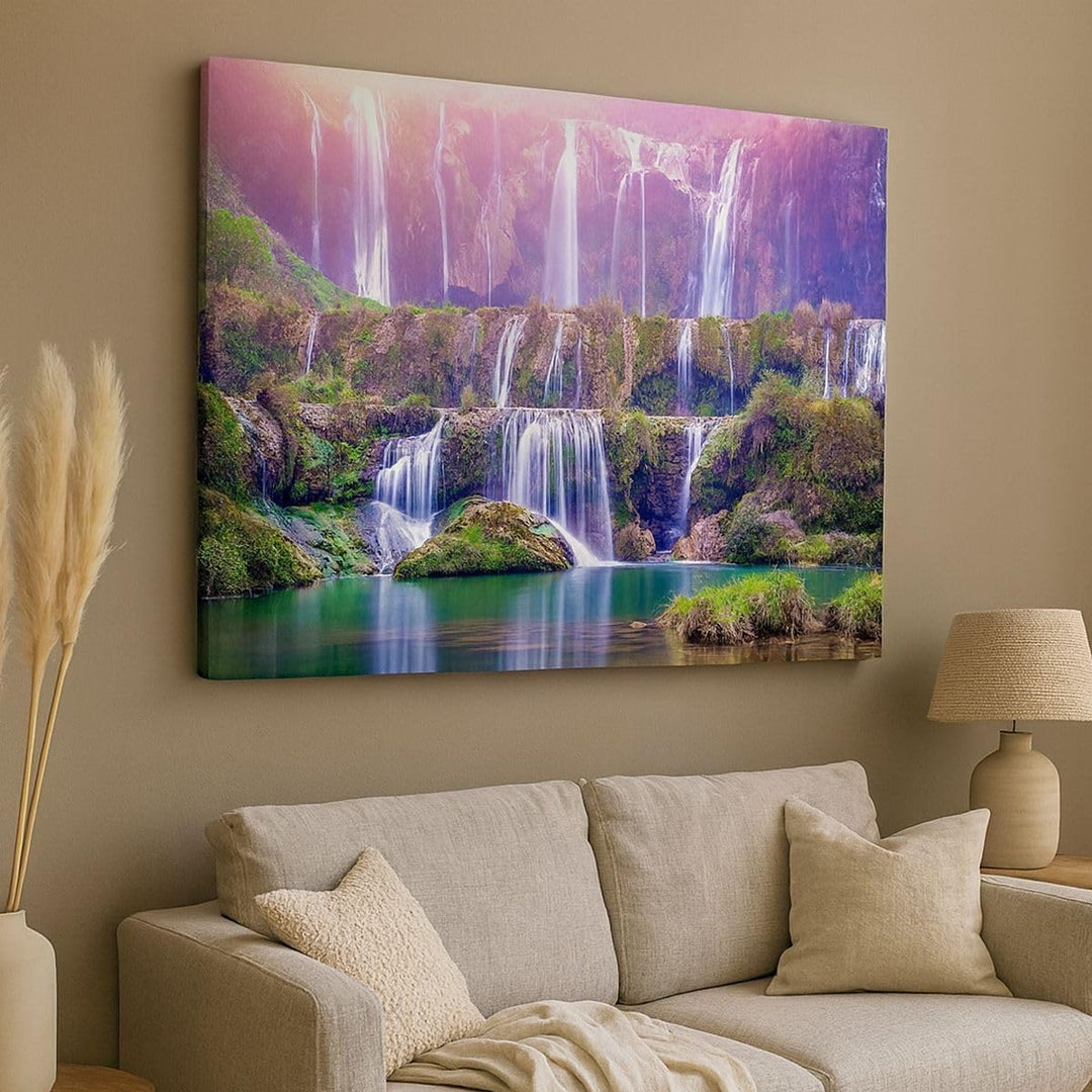 Bilder auf Leinwand 100x70cm Leinwandbild mit Rahmen Wasserfall Natur Gross Wanddeko Bild Schlafzimm