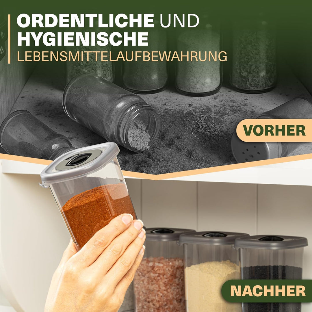 Gewürzdosen Set – 12 Aufbewahrungsdosen mit Streudeckel – BPA-frei, spülmaschinengeeignet, transpare