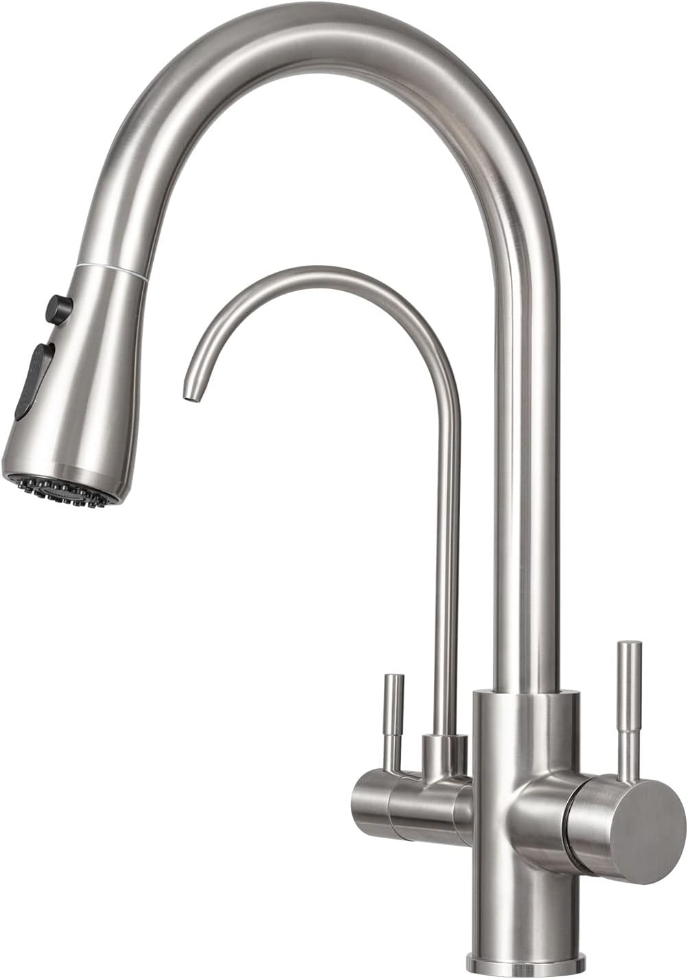 3 Wege Wasserhahn Edelstahl, 360° Drehbar Trinkwasserhahn mit Ausziehbarer Handbrause, 3 in 1 Küchen