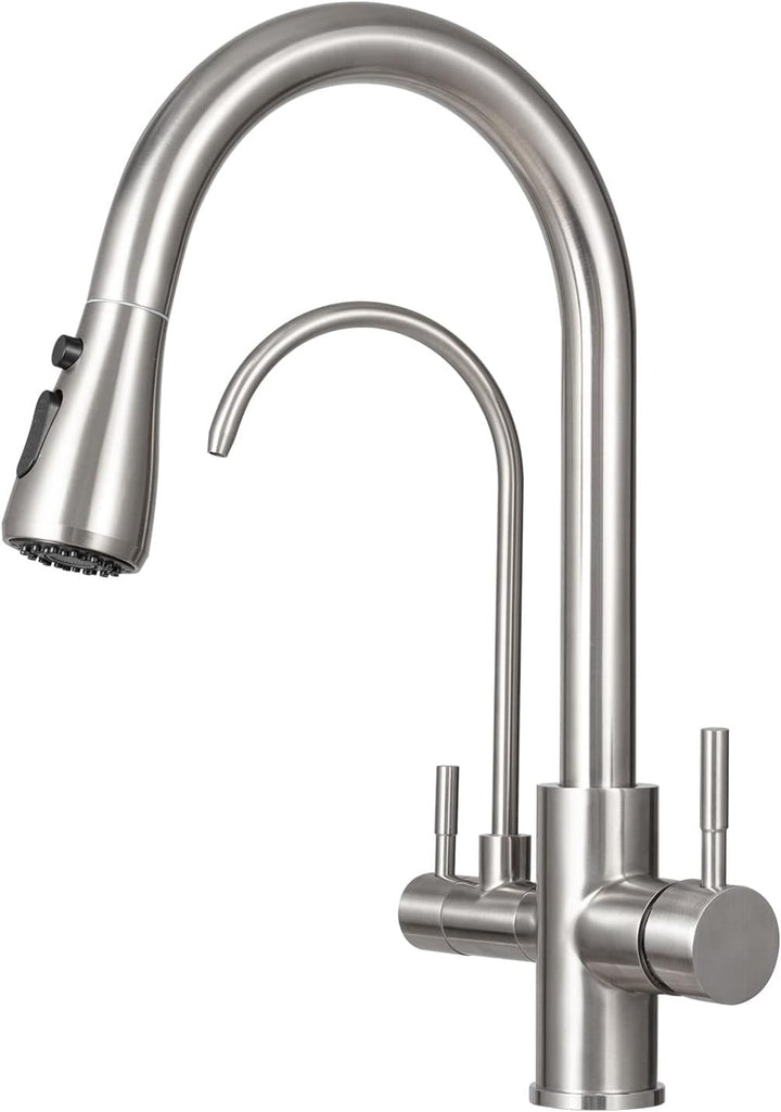 3 Wege Wasserhahn Edelstahl, 360° Drehbar Trinkwasserhahn mit Ausziehbarer Handbrause, 3 in 1 Küchen