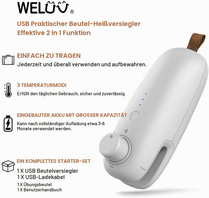 WELUV Mini Folienschweissgerät mit Cutter USB Tüten Verschweisser Hohe Sicherheit Bag Sealer Aufladu