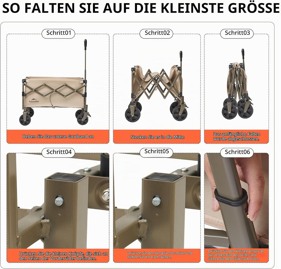 Naturehike Bollerwagen Faltbar mit Bremsen Alle Gelände 70L Klappbarer Handwagen Verstellbarem Griff
