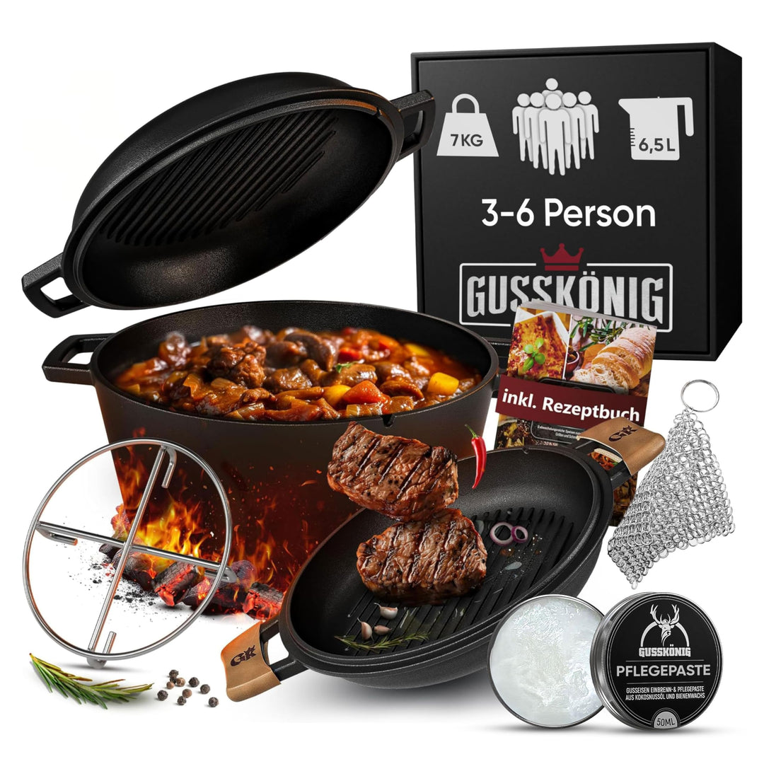 Dutch Oven–2in1 Eingebrannter Gusseisen Topf 4,8 L & Gusspfanne 1,8 L–Dutch Oven Set mit Schmortopf