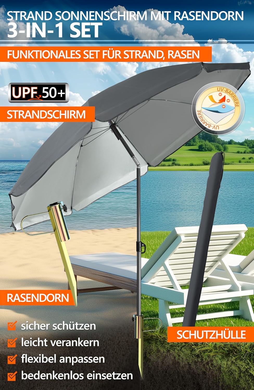 4smile Sonnenschirm Strand SunnyJoy, Anthrazit – 3er Set inkl. Strandschirm windfest stabil, Rasendo