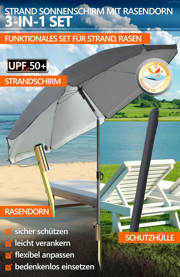 4smile Sonnenschirm Strand SunnyJoy, Anthrazit – 3er Set inkl. Strandschirm windfest stabil, Rasendo
