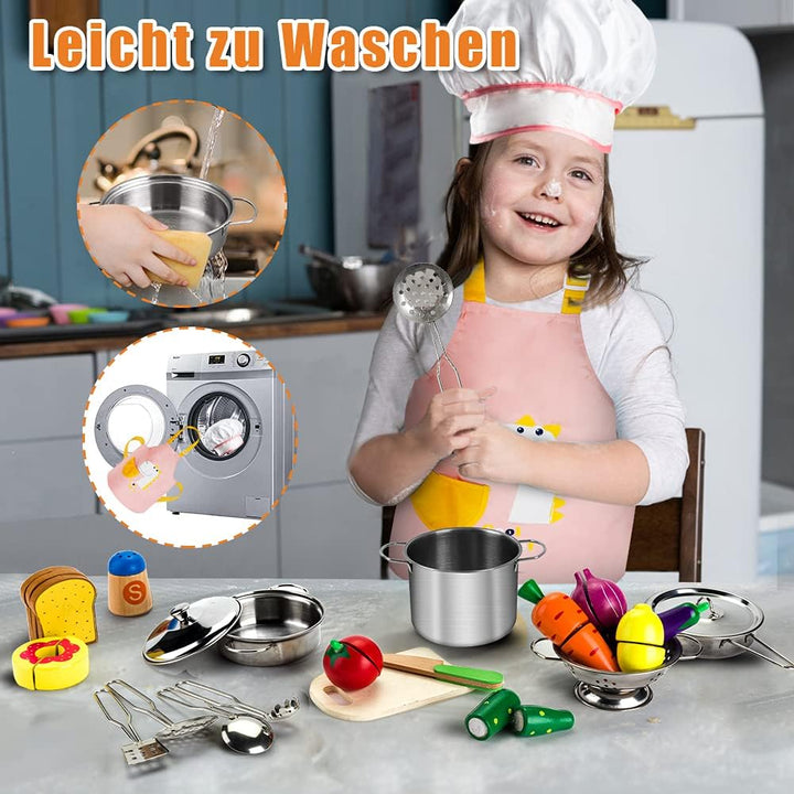 Sundaymot Küchenspielzeug Zubehör, Kinderküche Kochgeschirr Mit Edelstahl Töpfe Pfannenset, Schürze