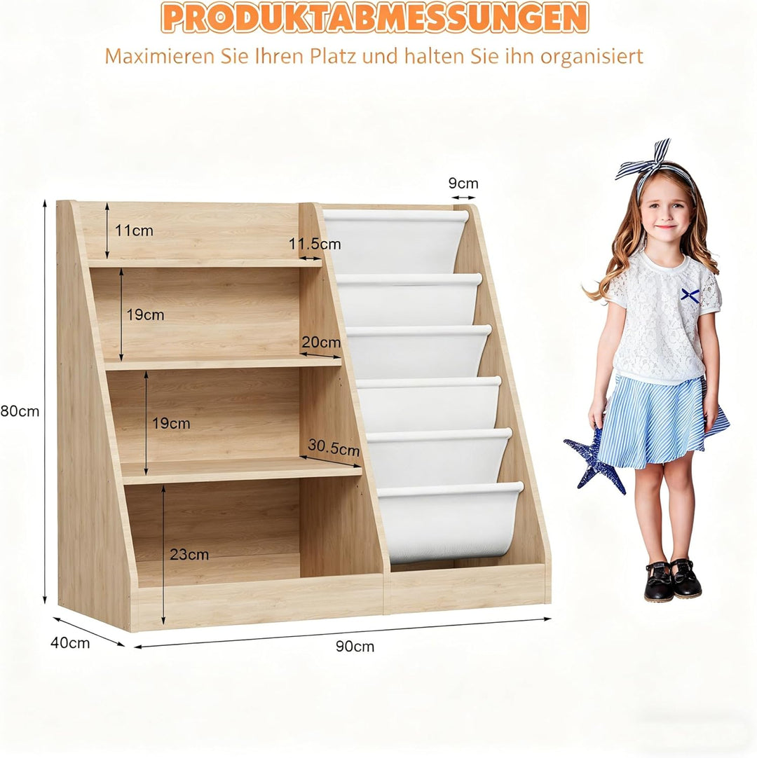 Kinderregal Bücherregal für Kinder 90x40x80cm, mit 5 Ablage und 4 offenen Fächern, Holz, Spielzeugre