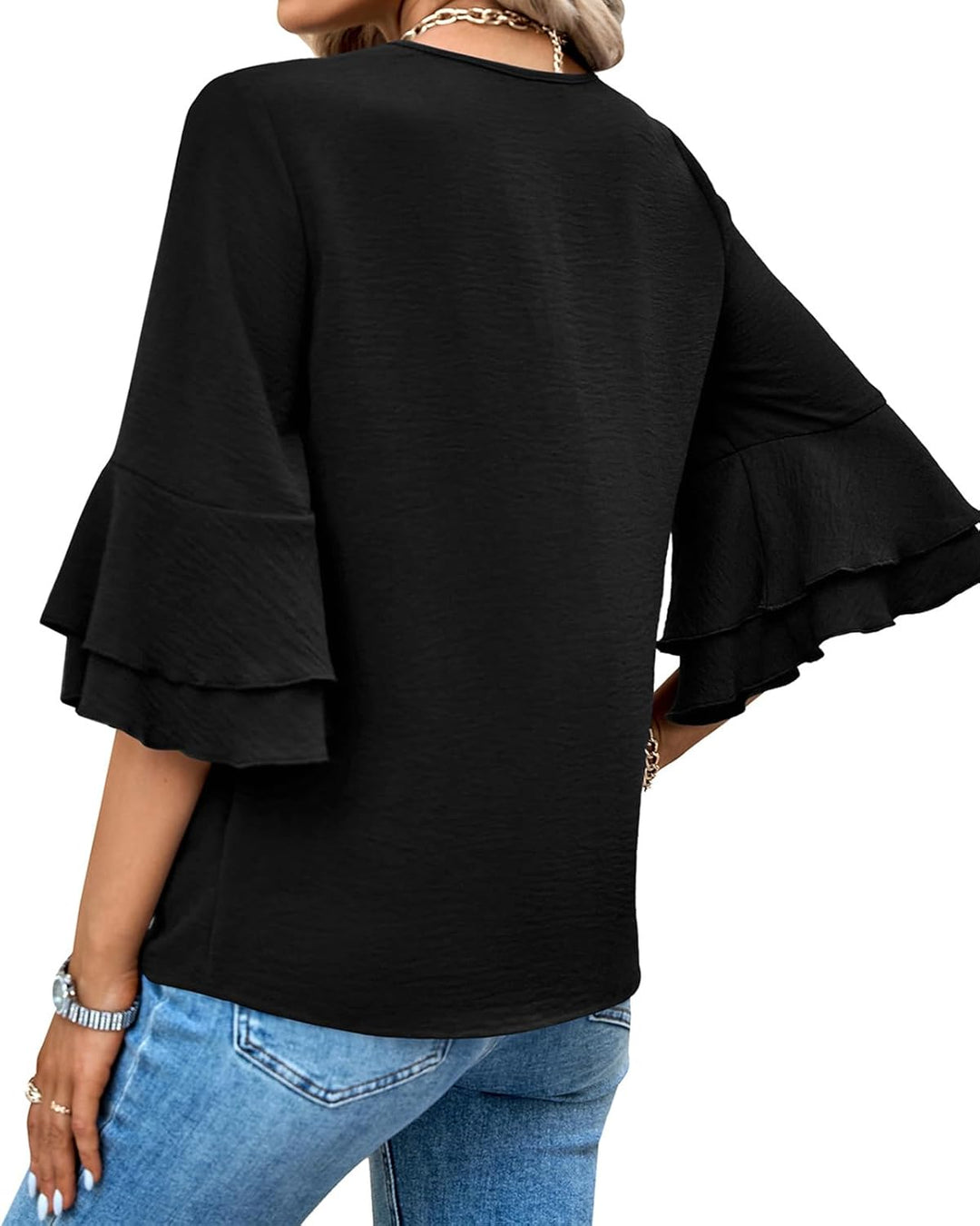 Damen Bluse Elegant V-Ausschnitt 3/4 Ärmel Lässige Blusen mit Rüschenärmel Tunika Tops M-3XL, Schwar