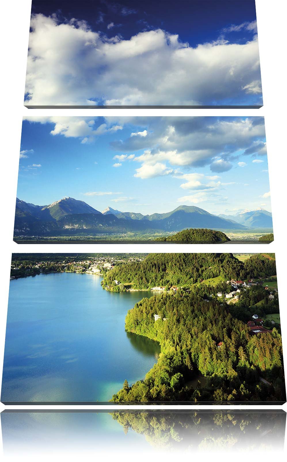 Pixxprint See mit Insel Landschaft 3-Teiler Leinwandbild 120x80 Bild auf Leinwand