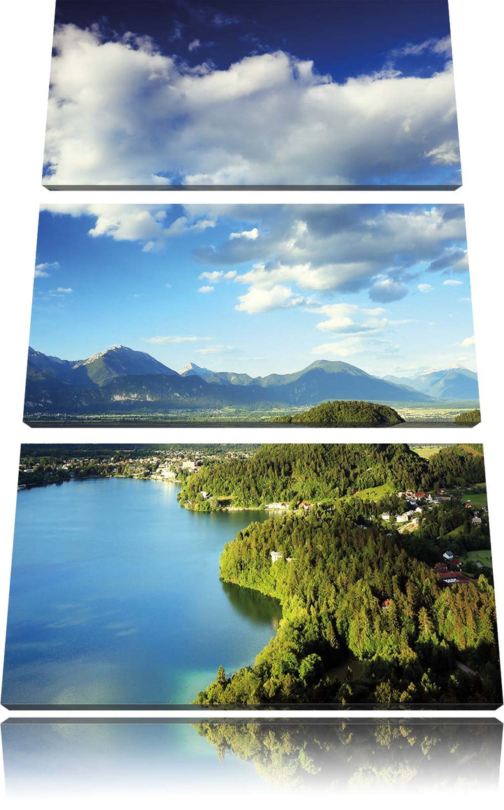 Pixxprint See mit Insel Landschaft 3-Teiler Leinwandbild 120x80 Bild auf Leinwand