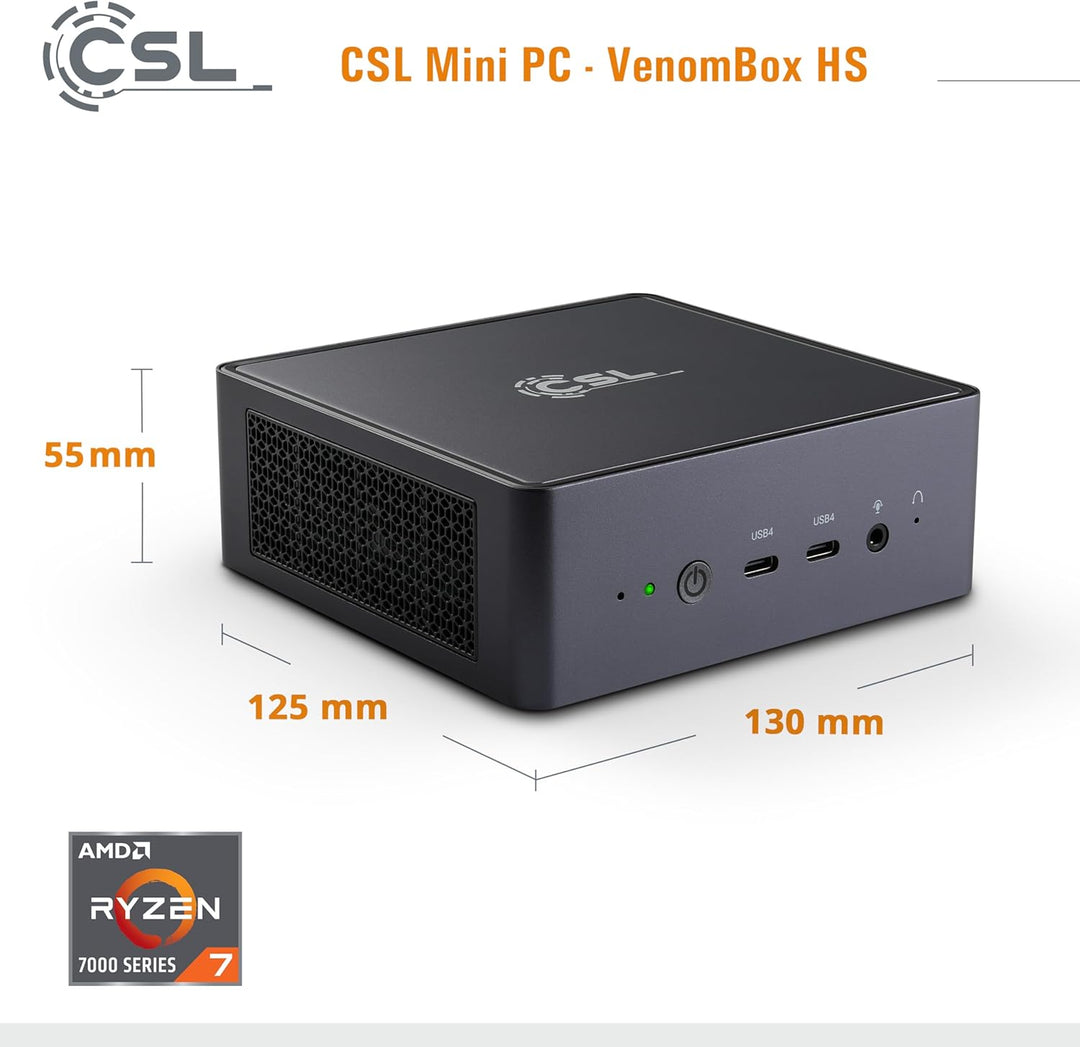 Mini PC CSL VenomBox HS Windows 11 Pro, AMD Ryzen 7 8845 HS 8X 3800 MHz, 4000 GB M.2 SSD, 96 GB DDR5
