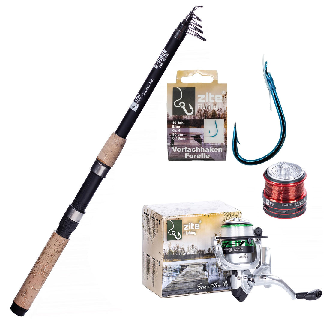 Zite Fishing Forellen Angelset | Teleskoprute 240cm + Angelrolle Bespult mit Ersatzspule + Vorfach-H