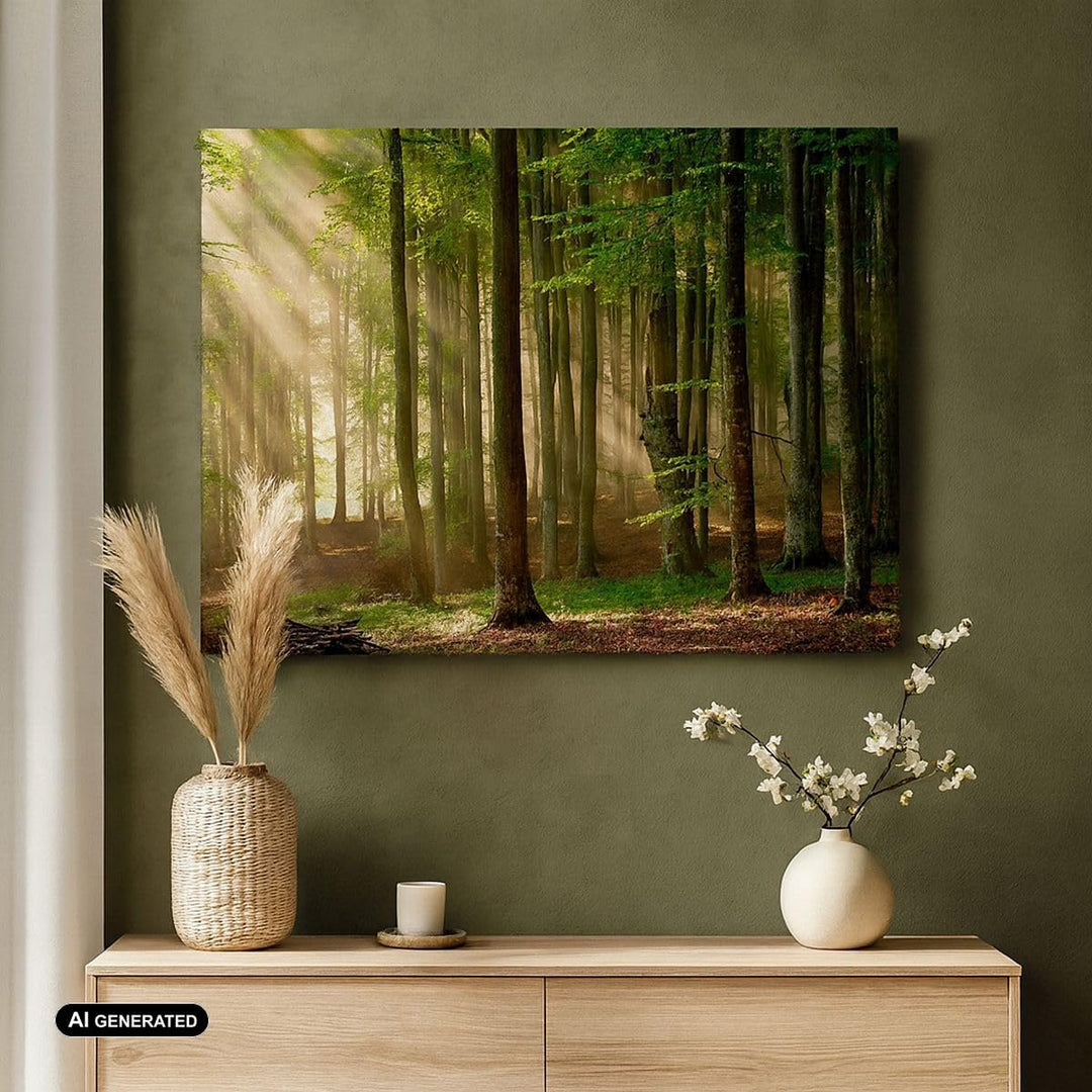 Bilder auf Leinwand 100x70cm Leinwandbild mit Rahmen Wald Baum Natur Gross Wanddeko Bild Schlafzimme