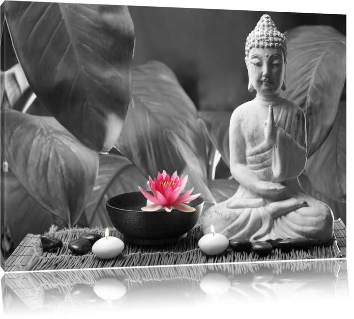 Buddha mit Seerose schwarz/weiss Format: 100x70 auf Leinwand, XXL riesige Bilder fertig gerahmt mit