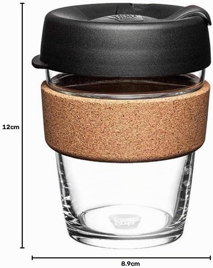 KeepCup Brew Cork, Mehrweg-Glasbecher, spritzwassergeschütz, Medium 12oz 340mls, Schwarz Medium 12oz