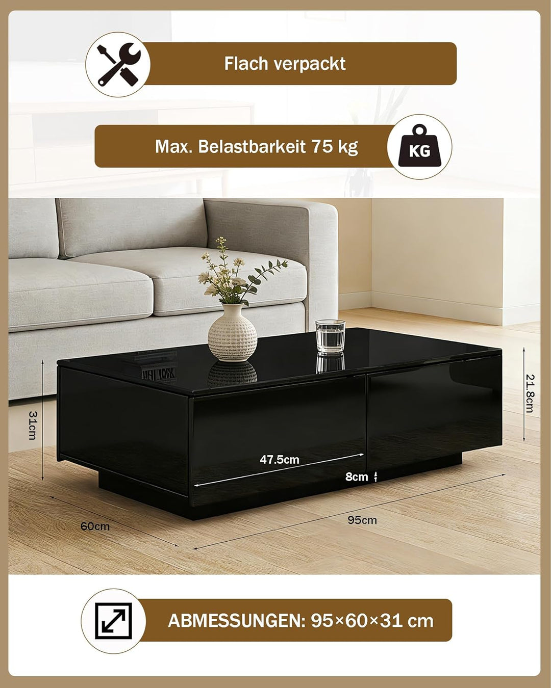 Couchtisch Schwarz Hochglanz mit 16 Farben LED, Dimmbare Beleuchtung, Moderner Wohnzimmertisch mit 4