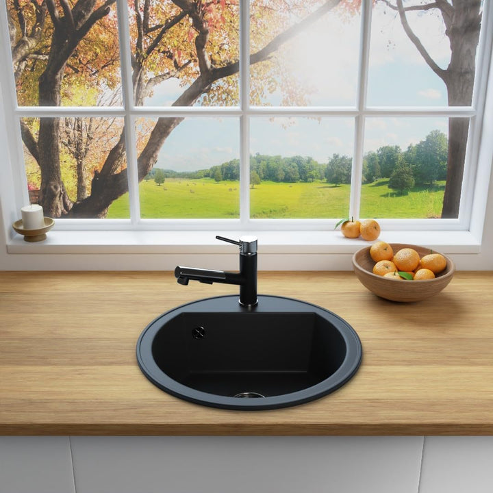 Rein Schwarz LINDBERGH® Granit Spüle mit Armatur "TON44 + 1-Nero" + Siphon Einbauspüle Küchenspüle S