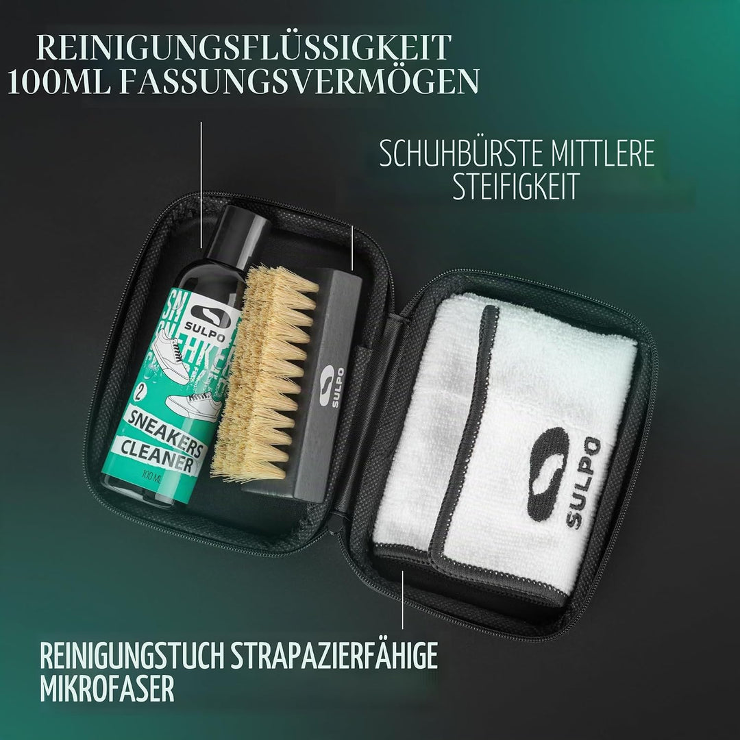 SULPO Sneaker Reinigungsset – pH-Neutrale Schuhputzsets, Bürste &amp; Mikrofasertuch, Schonend für Leder