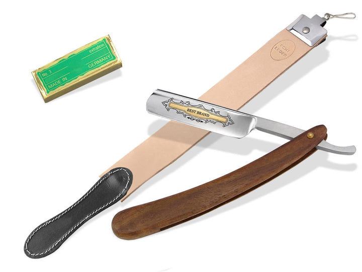 Rasiermesser Set EXTRA ROBUSTER Abziehleder Rasiermesser Goldätzung 5.8 Zoll + Paste aus Solingen