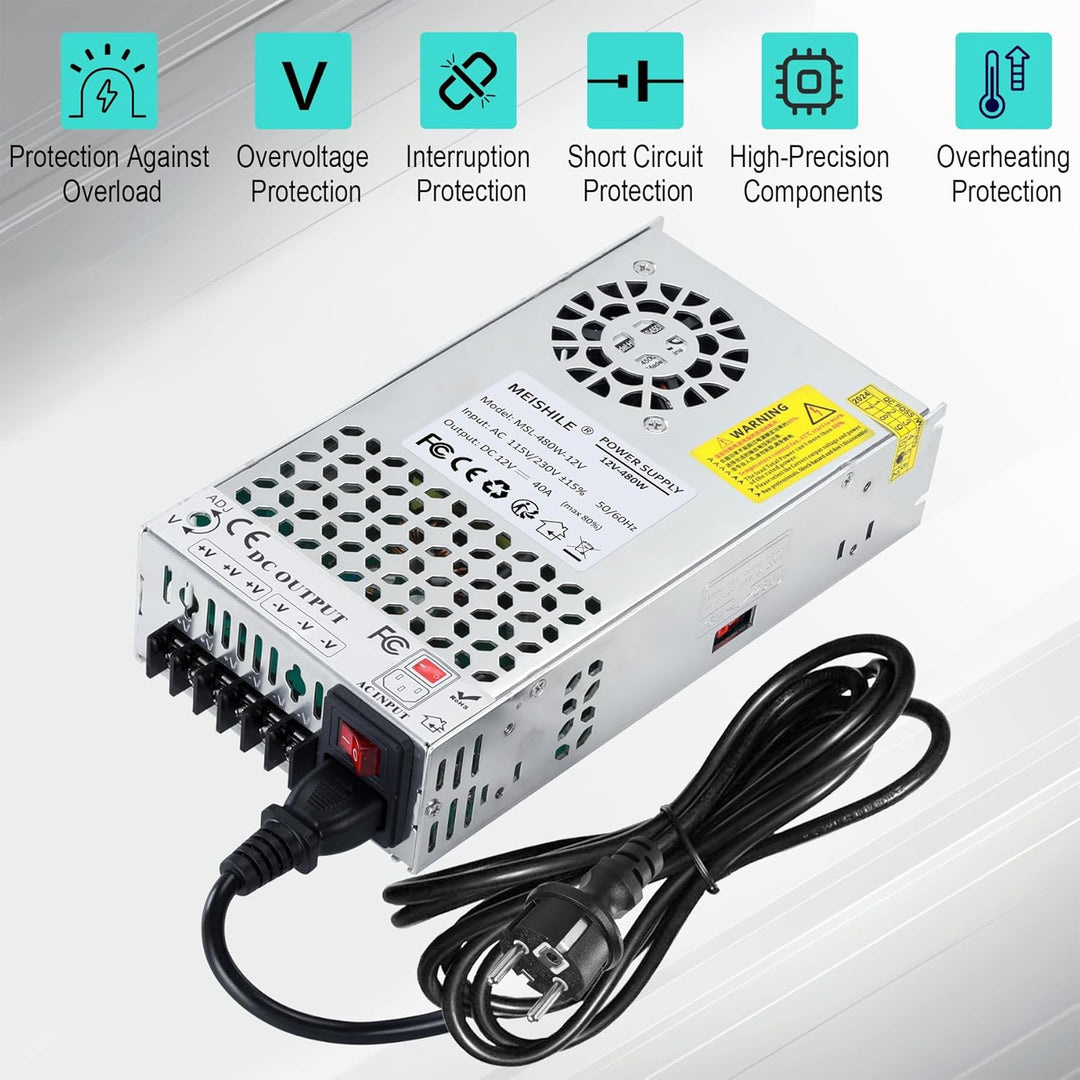 MEISHILE 12V 40A 480W Netzteil Schaltnetzteile Universal Stromversorgung AC to DC Transformator mit