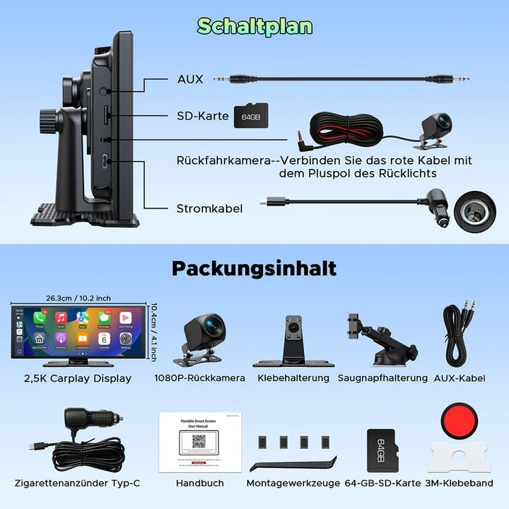 LAMTTO Wireless CarPlay Android Auto Display 10,25 Zoll In-Cell Touchscreen Car Play mit Dashcam 2.5