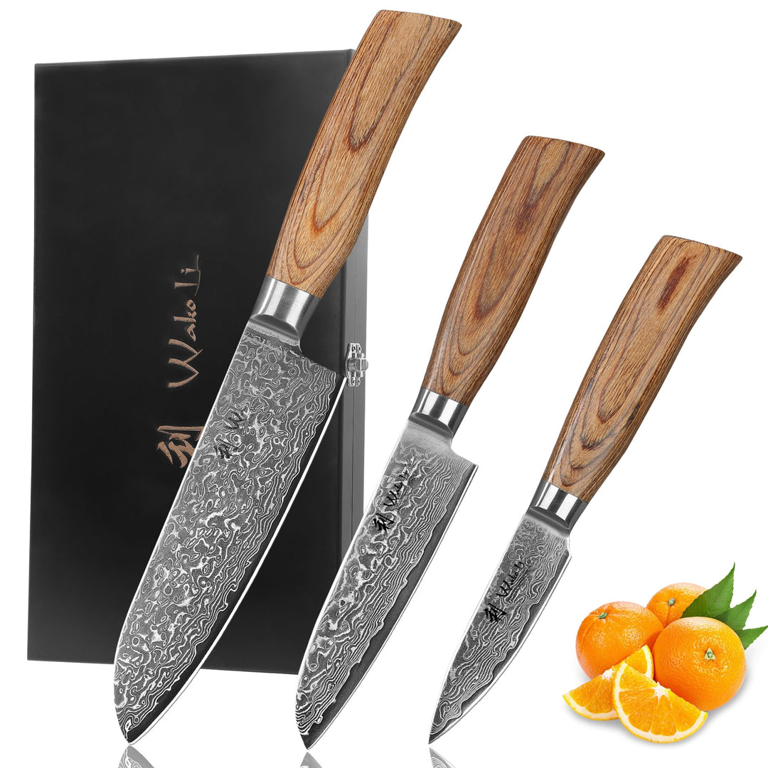 Wakoli EDIB Pro Premium 3er Damastmesser-Set mit 8-16 cm Klingen gefertigt aus 67 Lagen echtem Damas