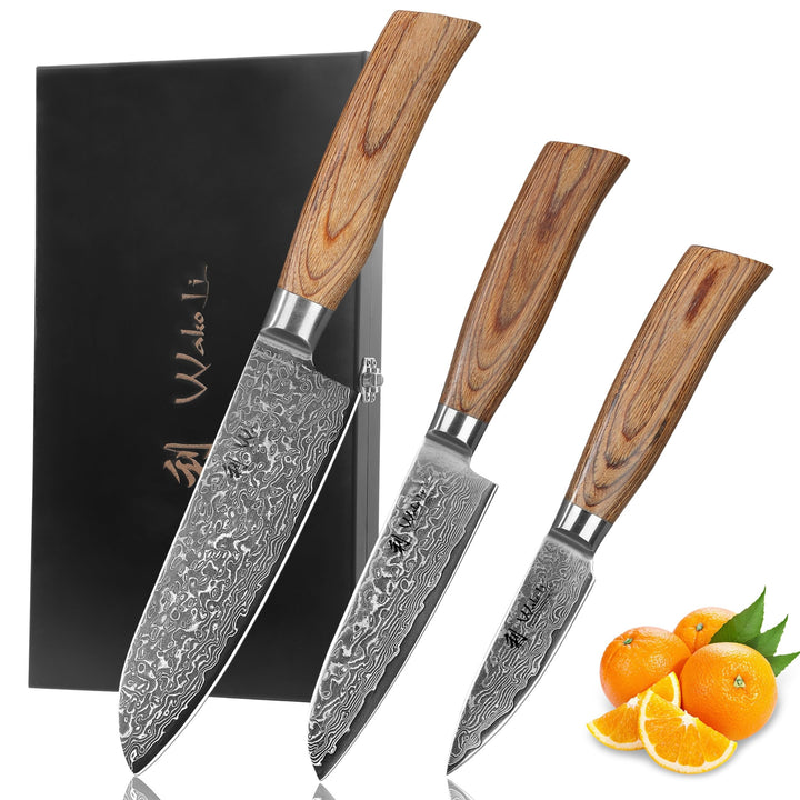 Wakoli EDIB Pro Premium 3er Damastmesser-Set mit 8-16 cm Klingen gefertigt aus 67 Lagen echtem Damas