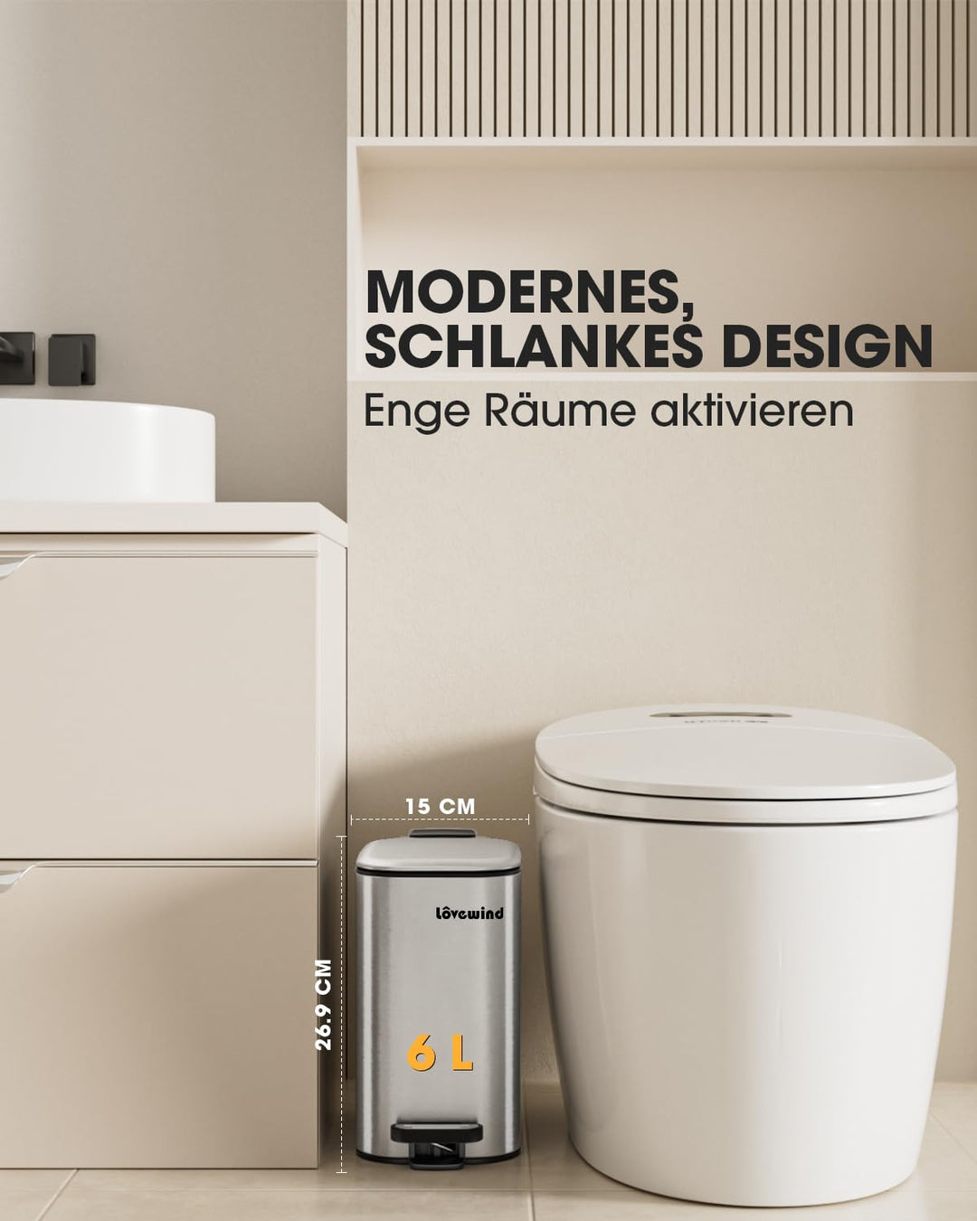 lovewind 6L Badezimmer Mülleimer, schmaler silberner Treteimer zum Platzsparen, kleiner Mülleimer fü