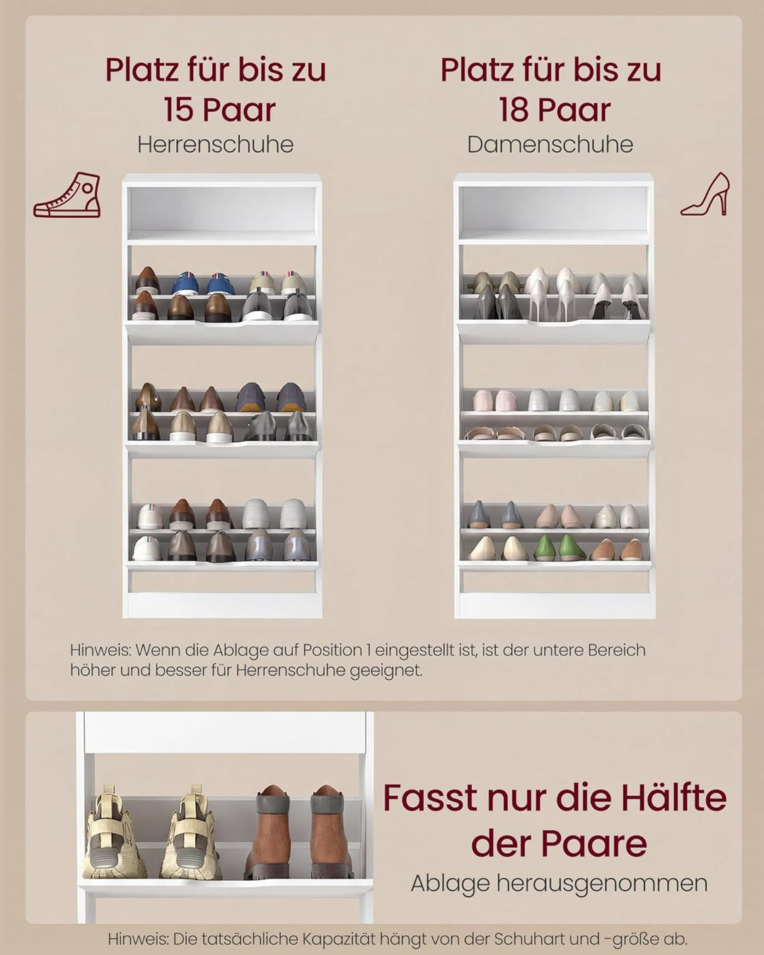 VASAGLE Schuhschrank 3 Klappen, Schuhkipper, Schuhregal, Schuhaufbewahrung, offenes Fach, Trennwand