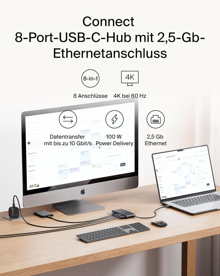Belkin Connect 8-in-1 USB C Hub, Bildschirmauflösungen bis zu 4K bei 60 Hz – geeignet für Mac-, Wind