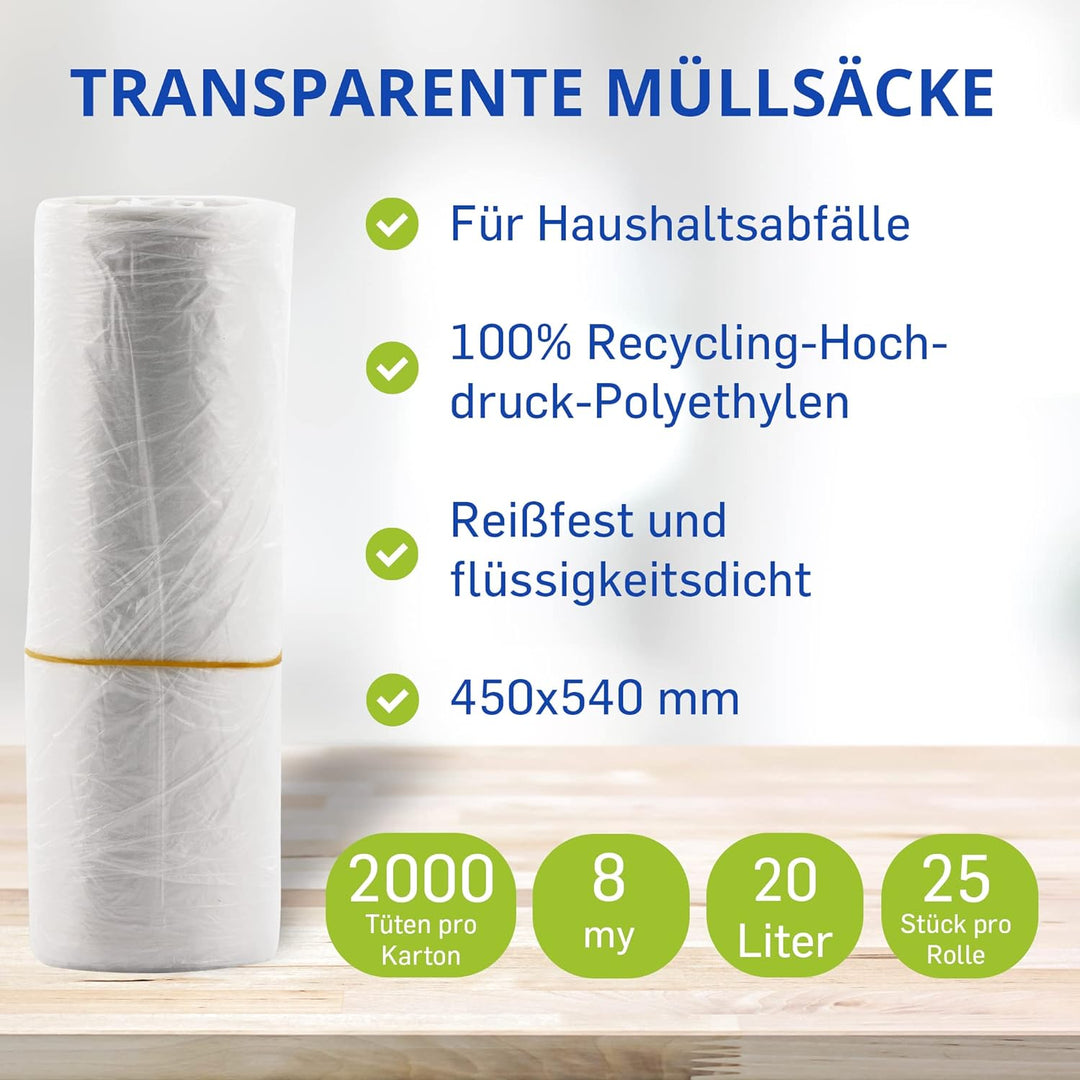 40 Rollen im Karton á 50 Abfallbeutel (2000 Stück), 20 Liter, absolut robust und stabil, 450x540mm,