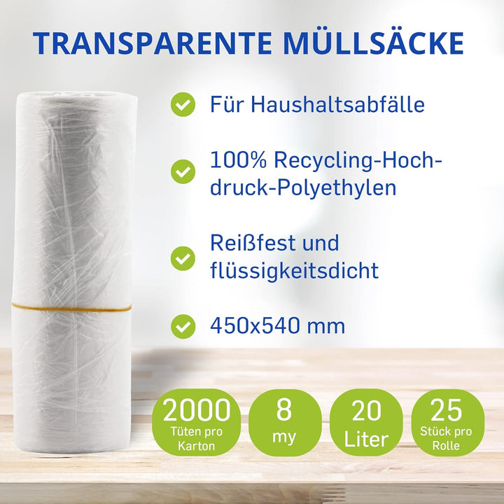 40 Rollen im Karton á 50 Abfallbeutel (2000 Stück), 20 Liter, absolut robust und stabil, 450x540mm,