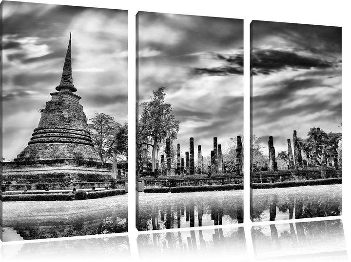 Pixxprint Buddha Tempel im Sonnenuntergang/Format: 3-Teiler (120x80cm) cm/Leinwandbild fertig bespan