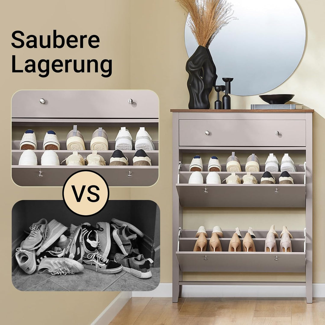 SoBuy Schuhschrank Schmal Schuhkipper Schuhkommode Schmal mit 2 Klappen & Schublade – Platz für 12 P