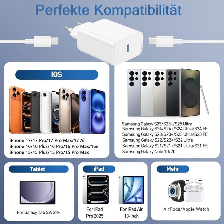 45W USB C Ladegerät mit Kabel [2M+3M], Typ C Schnellladegerät mit Ladekabel Lang für iPhone, Type C
