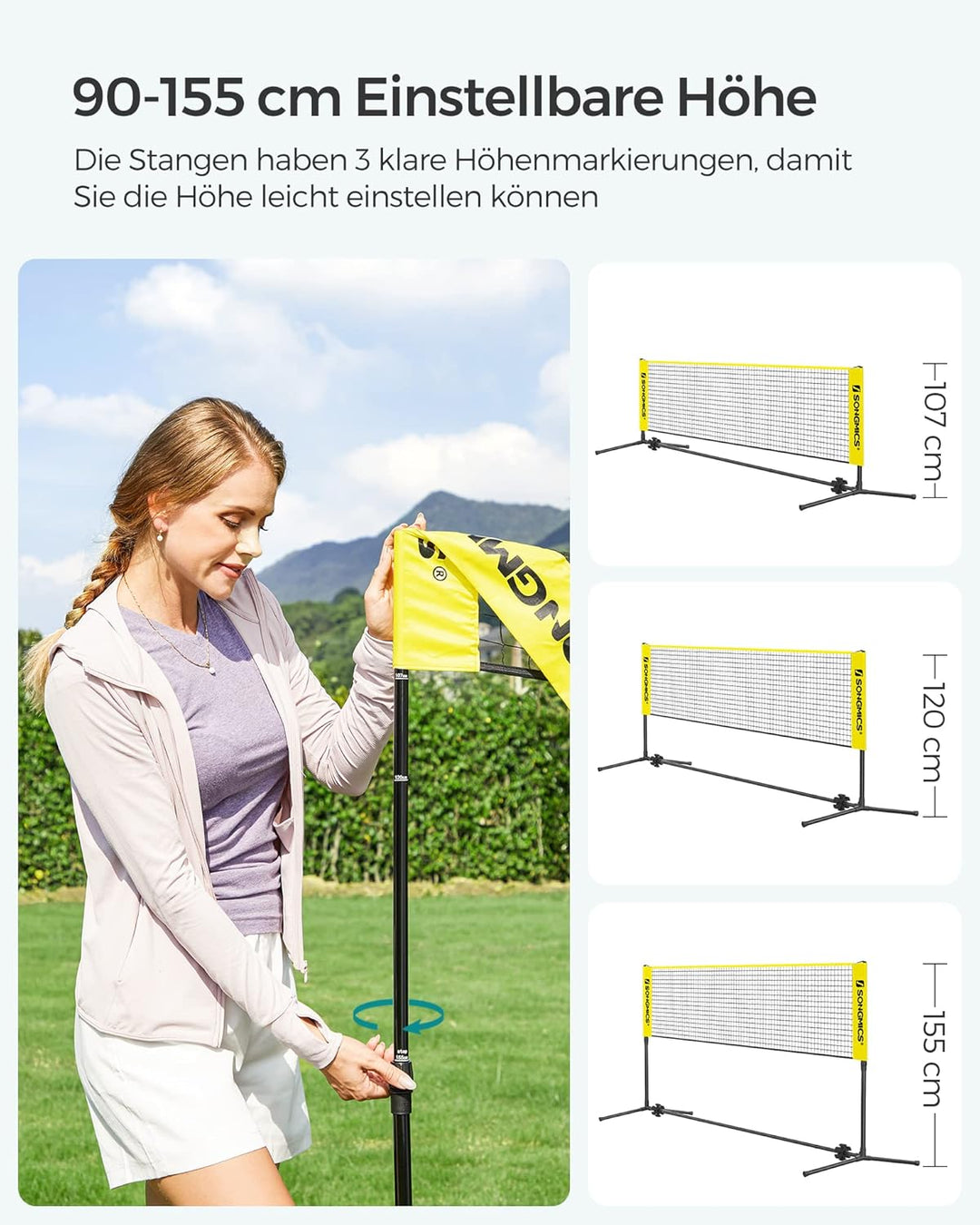 SONGMICS 300 cm/400 cm/500 cm Badmintonnetz, Volleyballnetz, höhenverstellbare Stangen, tragbares Se