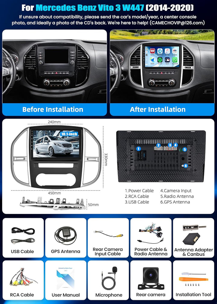 CAMECHO 4G+64G Android 15 Autoradio für Mercedes Benz Vito 3 W447 (2014-2020) mit Navi Carplay Andro