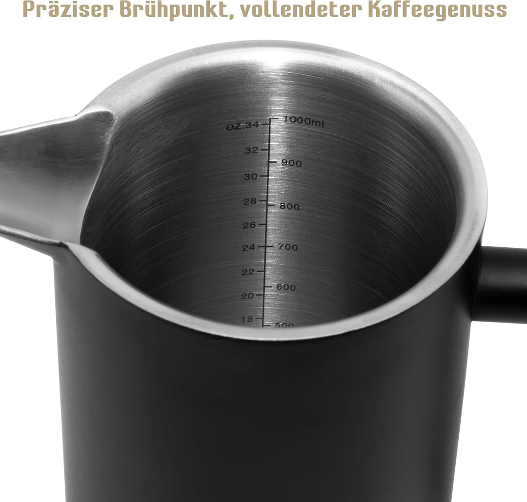 French Press Set I Kaffeebereiter, Thermo, Kaffeepresse, für Filterkaffee, 1 Liter, Milchaufschäumer