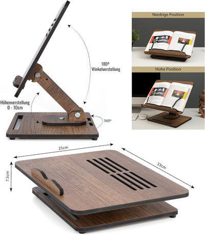 Vigo Wood Buchständer zum Lesen 360° verstellbar, Hölzerner Laptop-Ständer, Kochbuchhalter, Notenstä