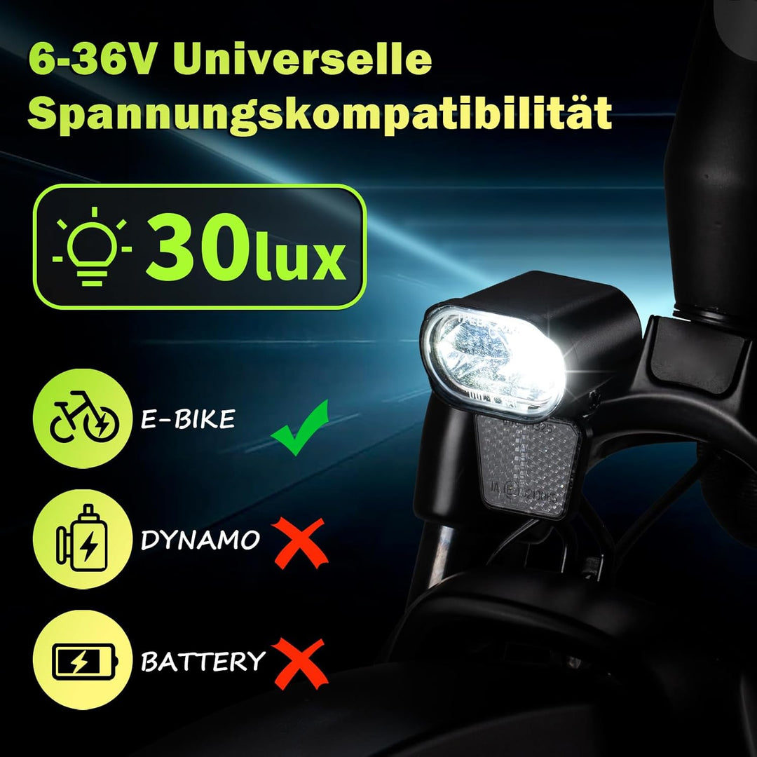 Fahrrad Frontlicht LED 30-100 Lux, Alu-Kühlkörper, 6-58V E-Bike/Fahrrad, IPX4/5, StVZO E-Bike 30lux,