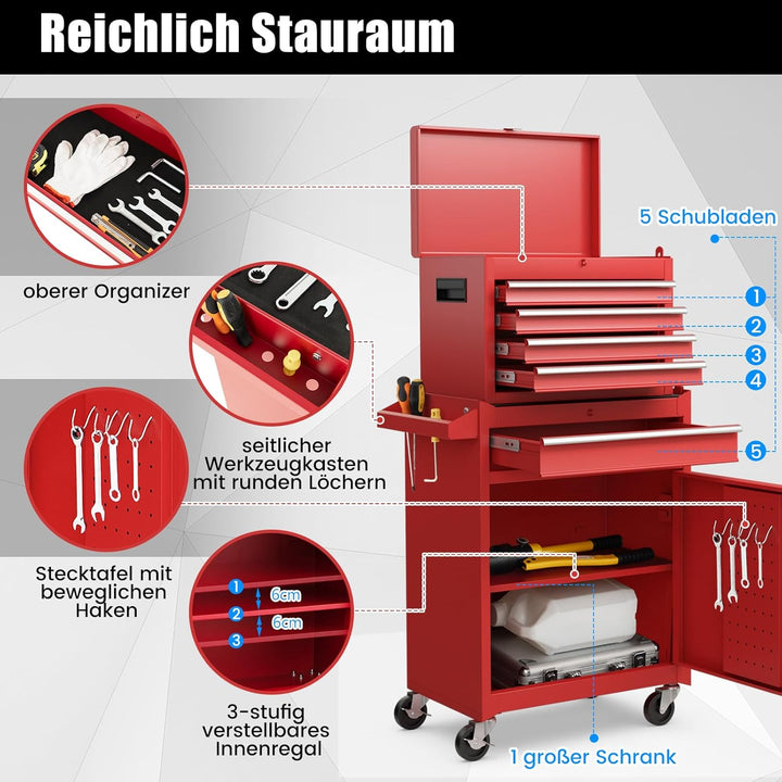 GYMAX Werkstattwagen mit 5 Schubladen, 2 in 1 Werkzeugschrank mit Haken, verstellbarem Regal & Unive