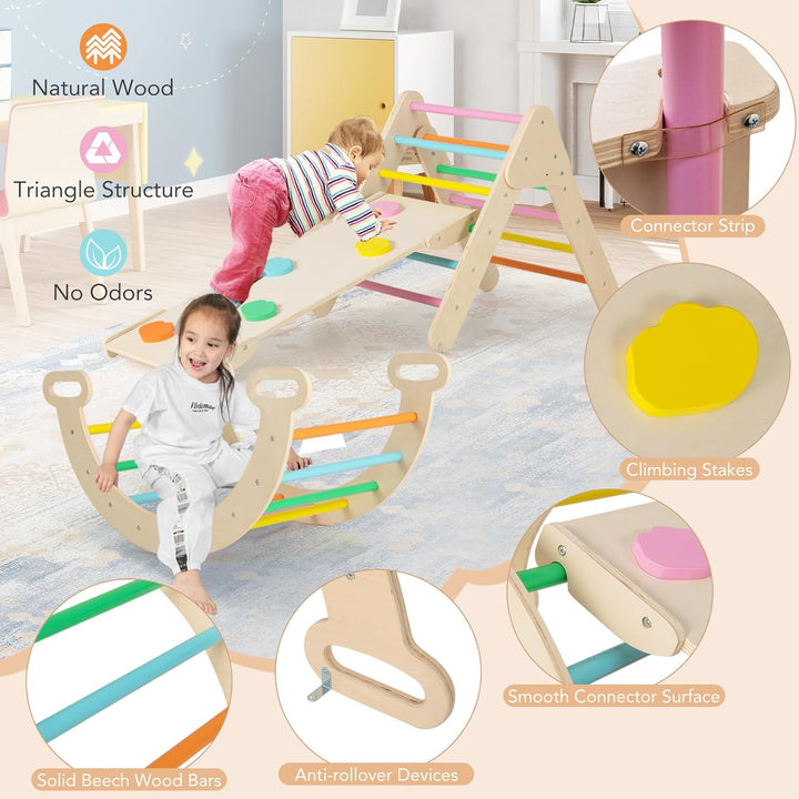 FANTASK 4 in 1 Klettergerüst mit rutsche, Kletterdreieck Holz inkl. doppelseitige Rampe & Kletterbog