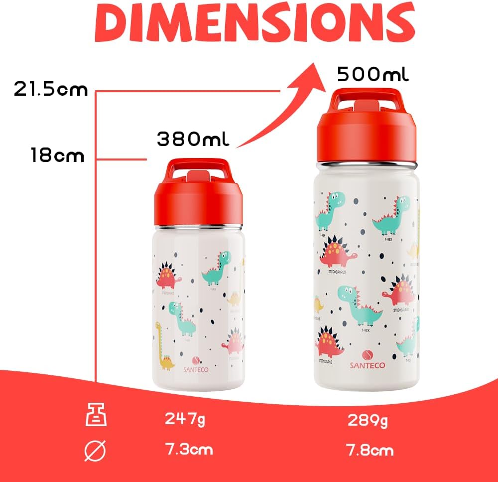 SANTECO Trinkflasche Kinder Edelstahl 500ml mit Strohhalm Auslaufsicher - Kinder Thermosflasche BPA-