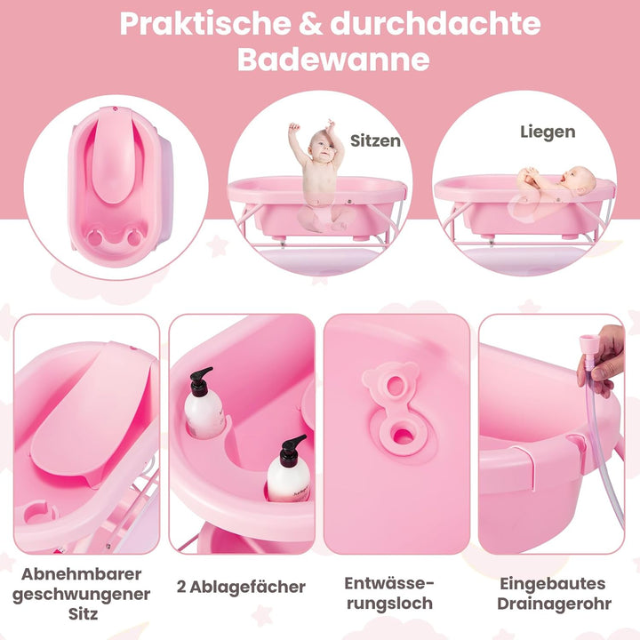COSTWAY 4 in 1 Wickeltisch klappbar mit Badewanne, tragbare Wickelkommode mit Wickelauflage, mobile