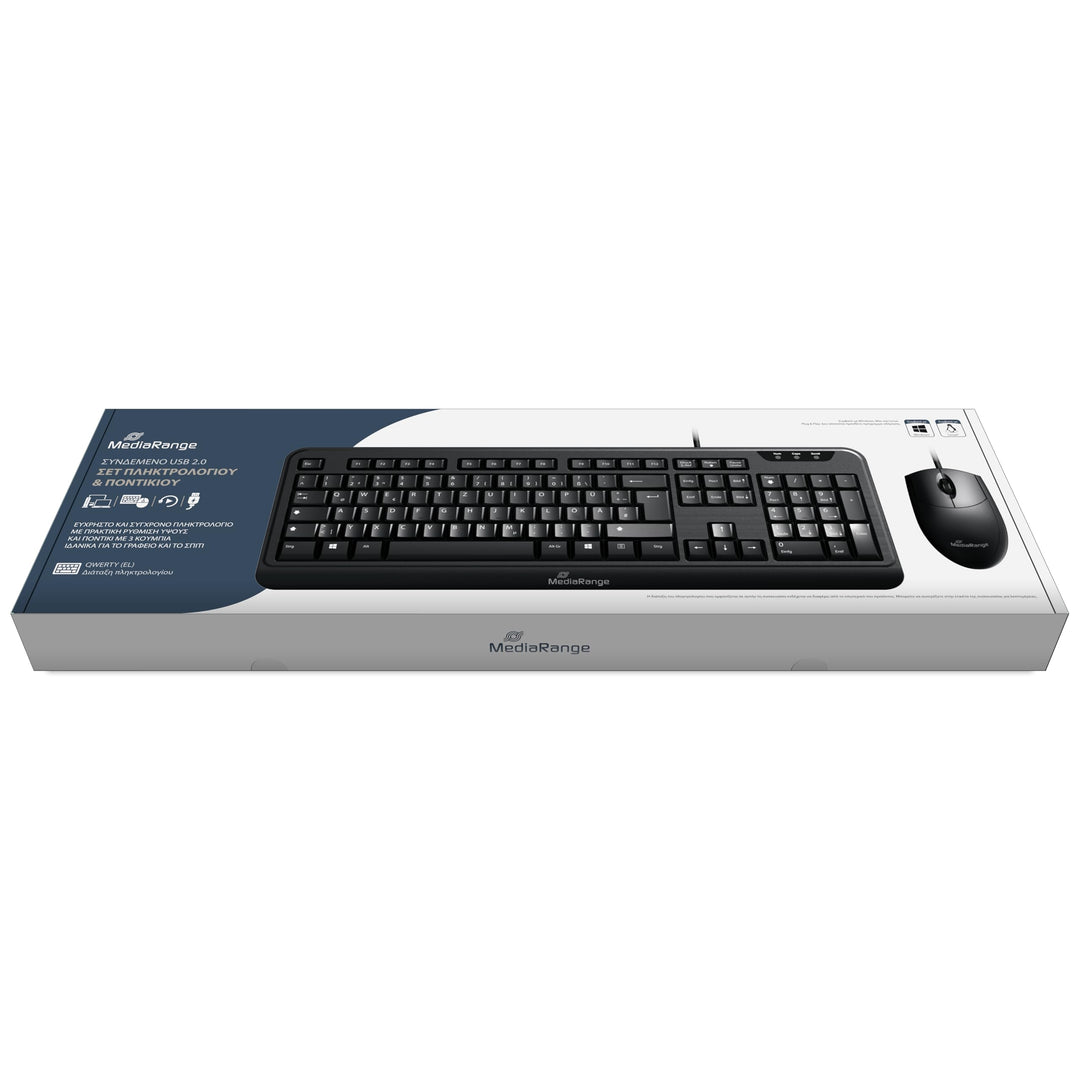 MediaRange kabelgebundenes Tastatur und optische 3 Tasten Maus Set, QWERTY (griechisch) Layout, PC T