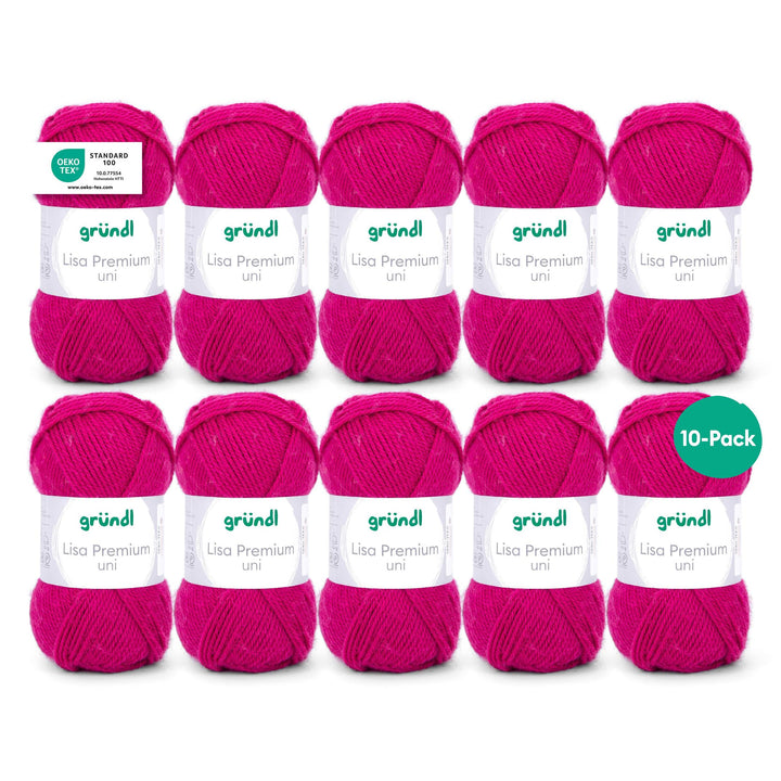 Gründl Wolle Lisa Premium Uni Fuchsia - 10 x 50g - Strickgarn - Häkelgarn - 100% Polyacryl - Superwe